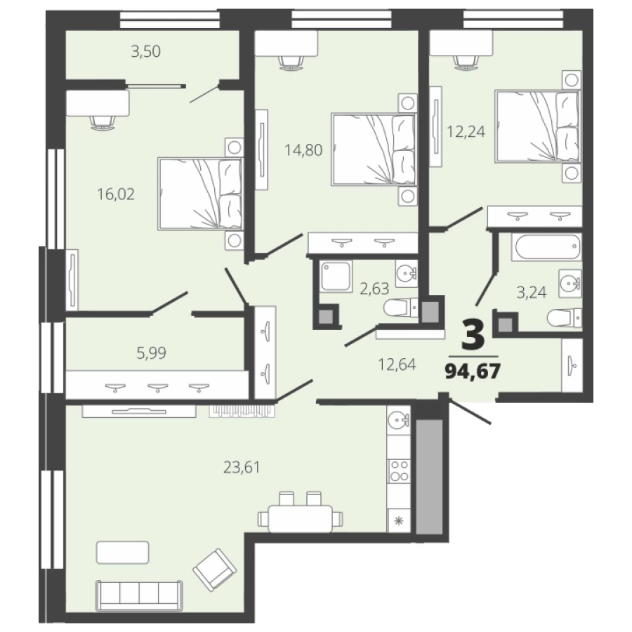 Строящиеся квартиры в Рязани от застройщика. Купить 3-х комнатную в Центре, 94,67 кв. м., этаж 2, секция 1